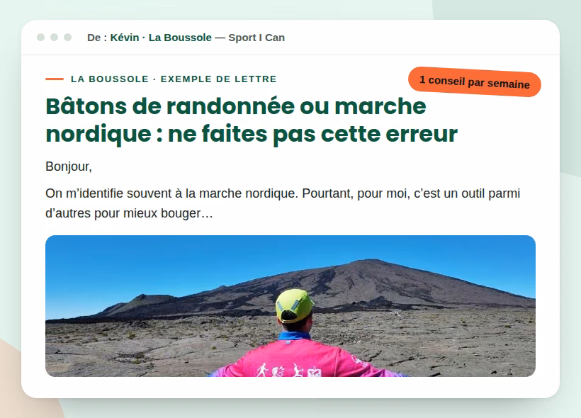 Aperçu d'une lettre La Boussole : conseil de la semaine et photo de Kévin à La Réunion