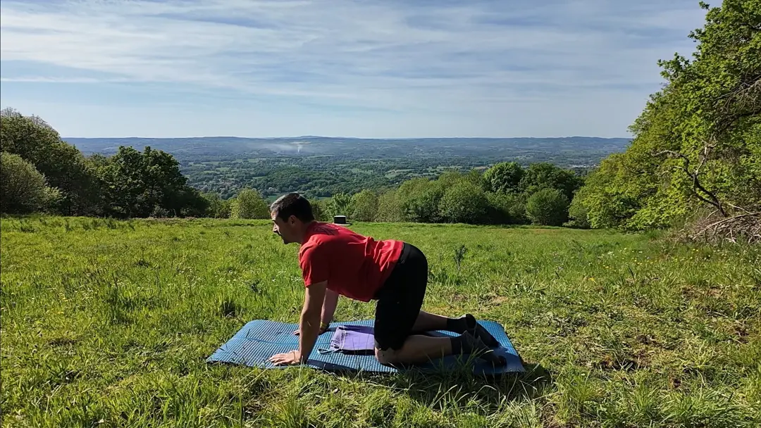 À quatre pattes, le coach creuse le dos et lève le regard